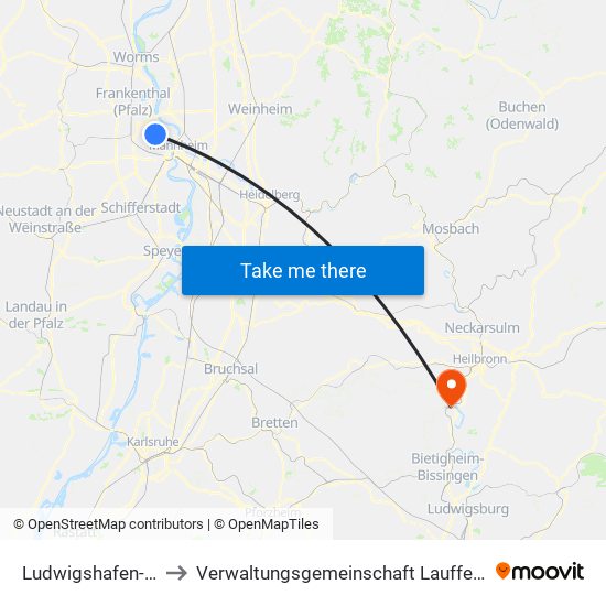 Ludwigshafen-Oppau to Verwaltungsgemeinschaft Lauffen am Neckar map
