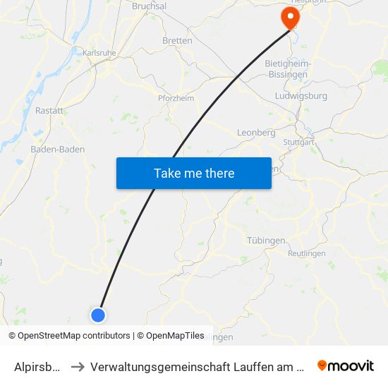 Alpirsbach to Verwaltungsgemeinschaft Lauffen am Neckar map
