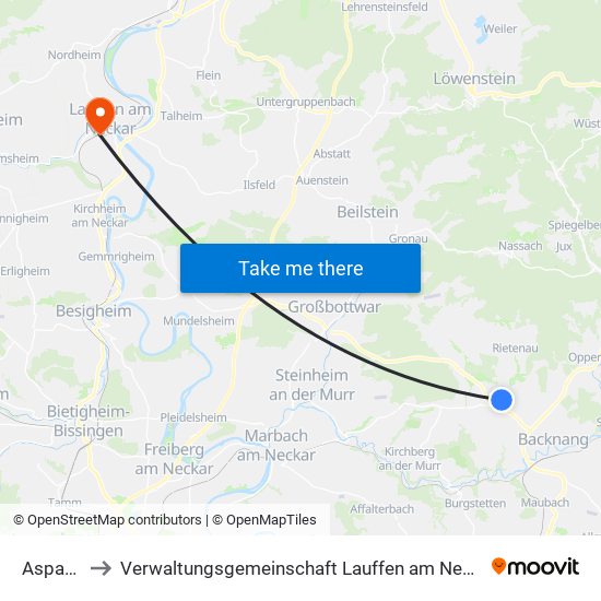 Aspach to Verwaltungsgemeinschaft Lauffen am Neckar map