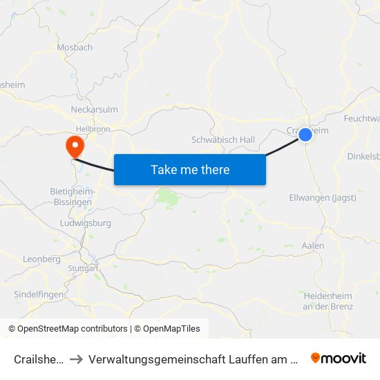 Crailsheim to Verwaltungsgemeinschaft Lauffen am Neckar map