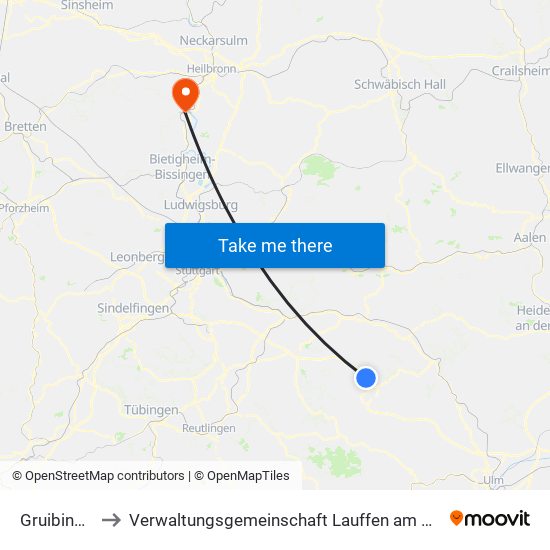 Gruibingen to Verwaltungsgemeinschaft Lauffen am Neckar map