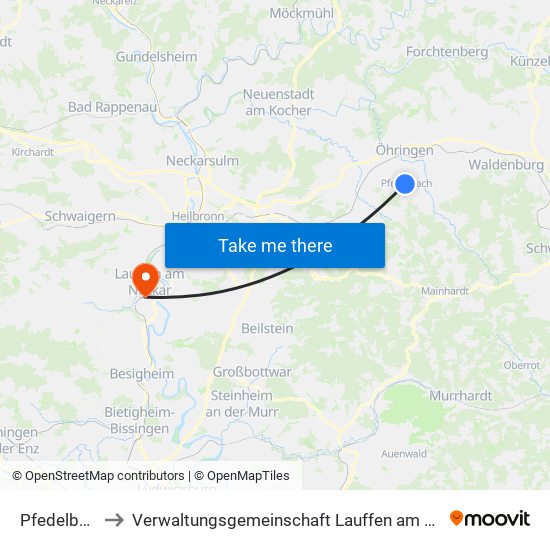 Pfedelbach to Verwaltungsgemeinschaft Lauffen am Neckar map