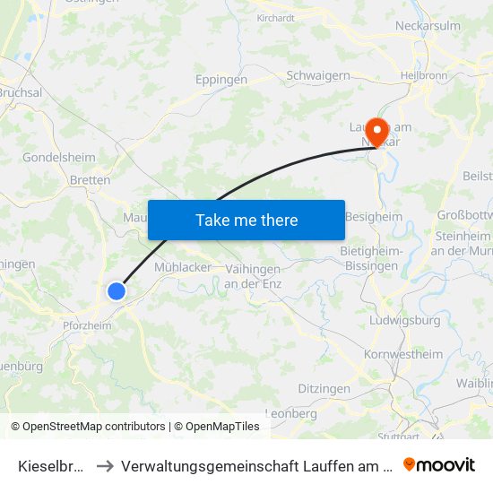 Kieselbronn to Verwaltungsgemeinschaft Lauffen am Neckar map