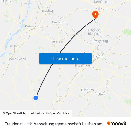 Freudenstadt to Verwaltungsgemeinschaft Lauffen am Neckar map
