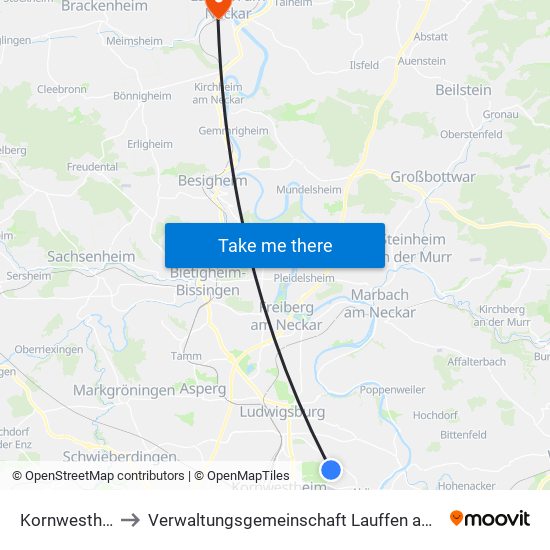 Kornwestheim to Verwaltungsgemeinschaft Lauffen am Neckar map