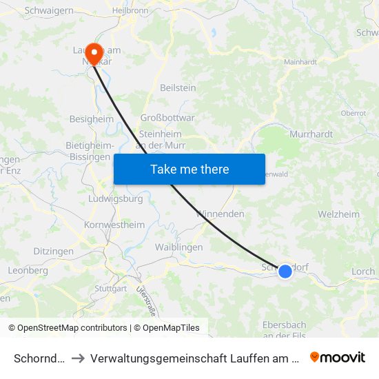 Schorndorf to Verwaltungsgemeinschaft Lauffen am Neckar map