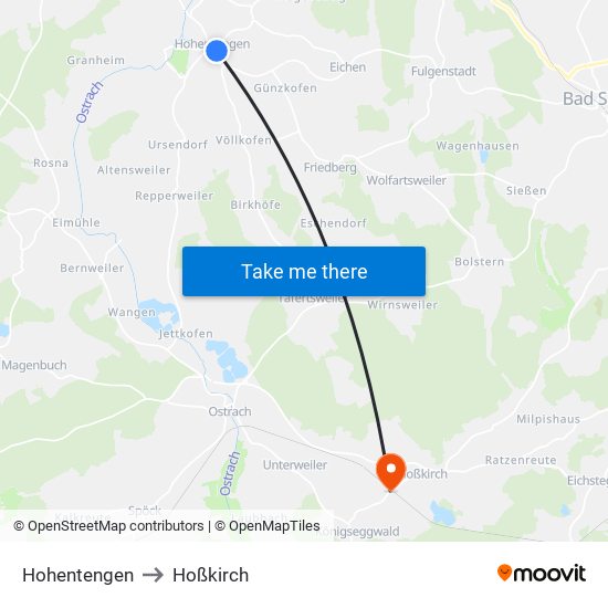 Hohentengen to Hoßkirch map