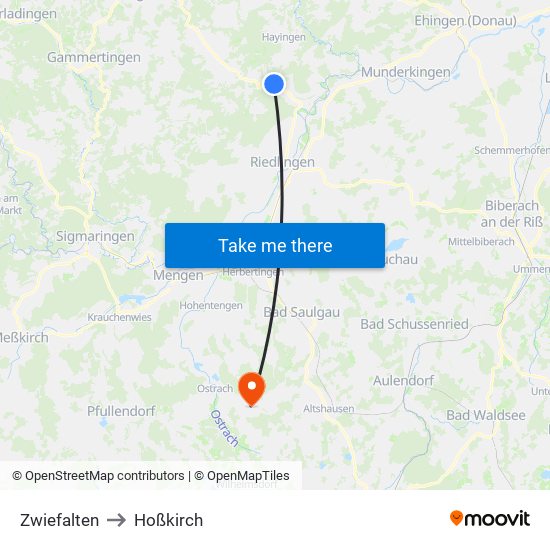 Zwiefalten to Hoßkirch map