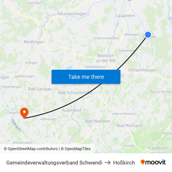 Gemeindeverwaltungsverband Schwendi to Hoßkirch map