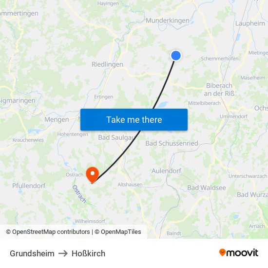 Grundsheim to Hoßkirch map