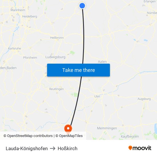 Lauda-Königshofen to Hoßkirch map