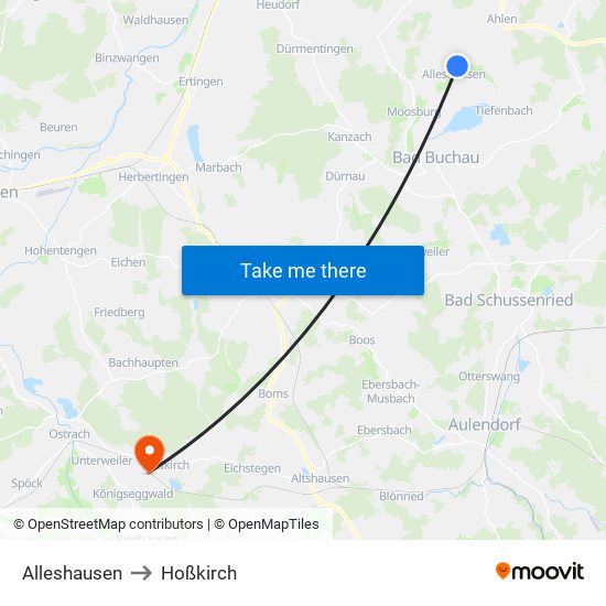 Alleshausen to Hoßkirch map