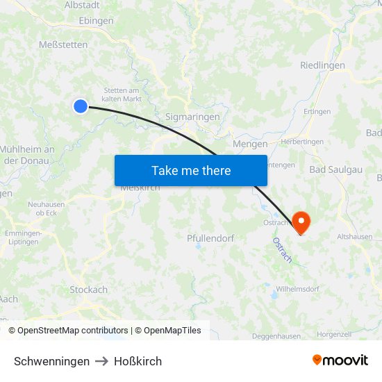 Schwenningen to Hoßkirch map