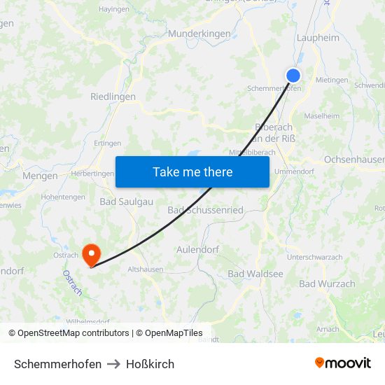 Schemmerhofen to Hoßkirch map