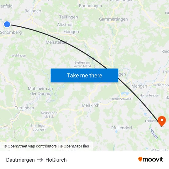 Dautmergen to Hoßkirch map