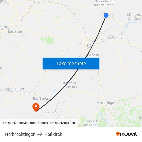 Herbrechtingen to Hoßkirch map