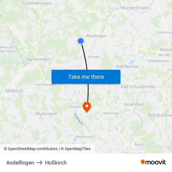 Andelfingen to Hoßkirch map