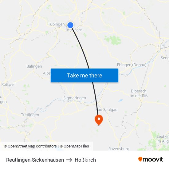 Reutlingen-Sickenhausen to Hoßkirch map