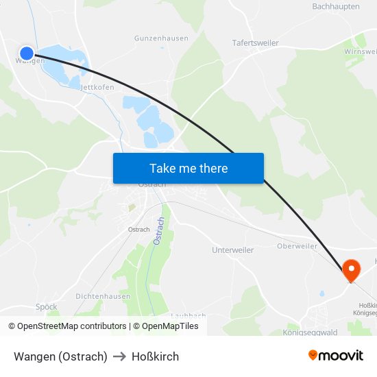 Wangen (Ostrach) to Hoßkirch map