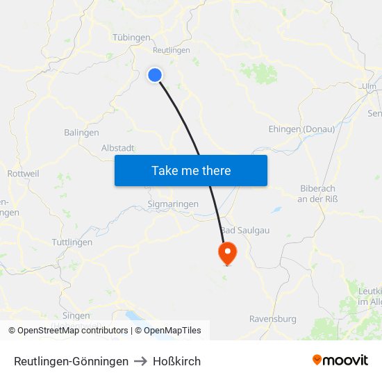 Reutlingen-Gönningen to Hoßkirch map