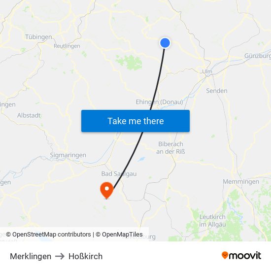 Merklingen to Hoßkirch map