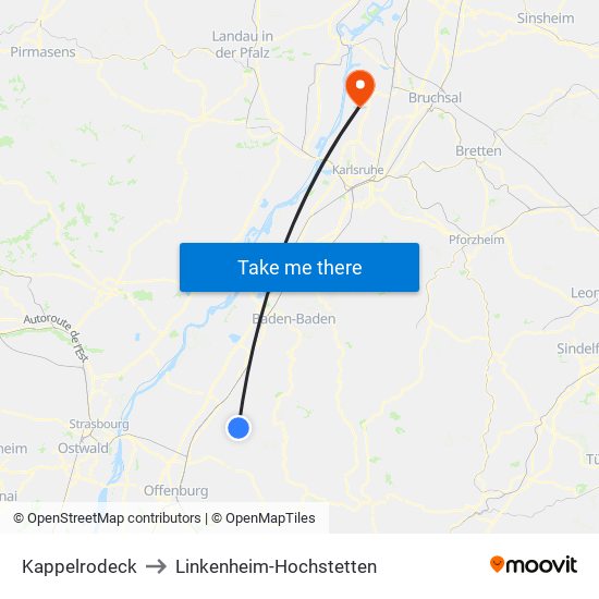 Kappelrodeck to Linkenheim-Hochstetten map