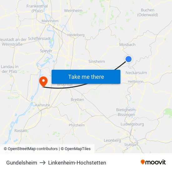 Gundelsheim to Linkenheim-Hochstetten map