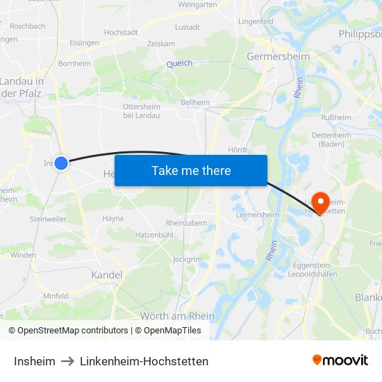 Insheim to Linkenheim-Hochstetten map