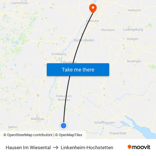 Hausen Im Wiesental to Linkenheim-Hochstetten map