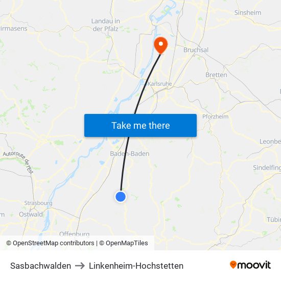 Sasbachwalden to Linkenheim-Hochstetten map