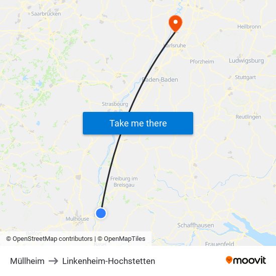 Müllheim to Linkenheim-Hochstetten map