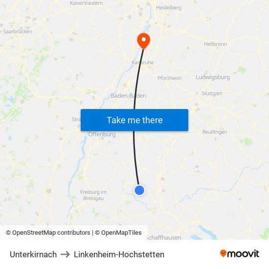 Unterkirnach to Linkenheim-Hochstetten map