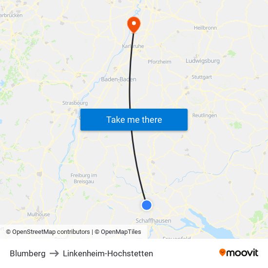 Blumberg to Linkenheim-Hochstetten map