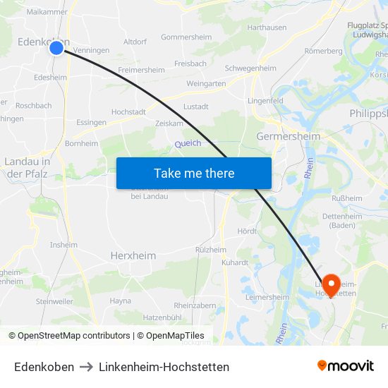 Edenkoben to Linkenheim-Hochstetten map