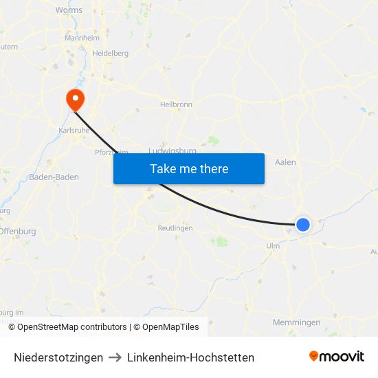 Niederstotzingen to Linkenheim-Hochstetten map