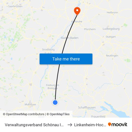 Verwaltungsverband Schönau Im Schwarzwald to Linkenheim-Hochstetten map