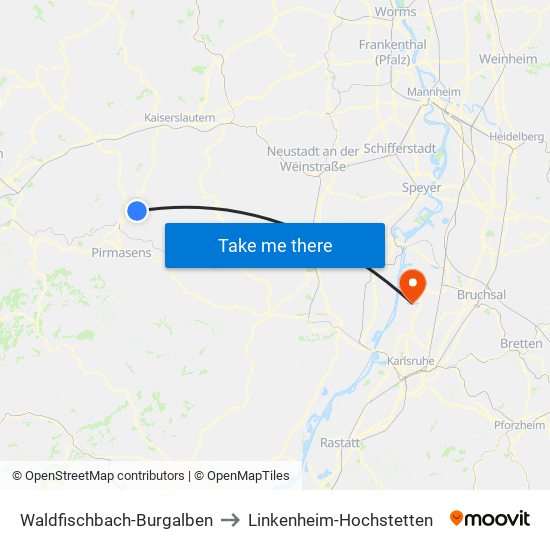 Waldfischbach-Burgalben to Linkenheim-Hochstetten map