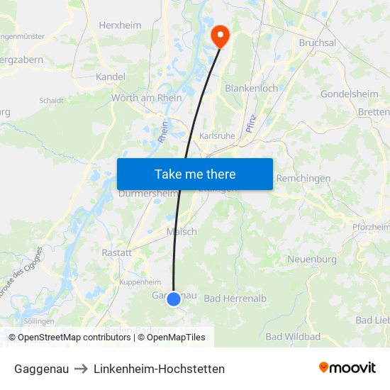 Gaggenau to Linkenheim-Hochstetten map
