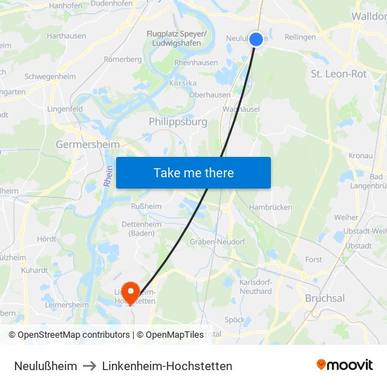 Neulußheim to Linkenheim-Hochstetten map