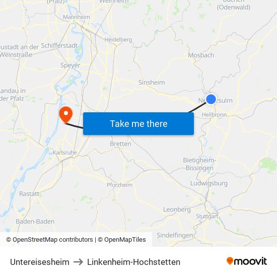 Untereisesheim to Linkenheim-Hochstetten map