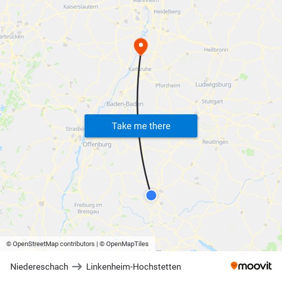 Niedereschach to Linkenheim-Hochstetten map