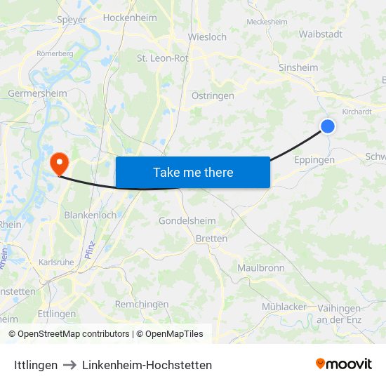 Ittlingen to Linkenheim-Hochstetten map