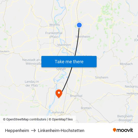 Heppenheim to Linkenheim-Hochstetten map