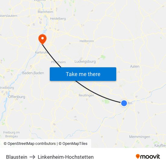 Blaustein to Linkenheim-Hochstetten map