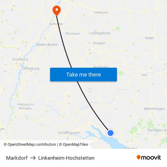 Markdorf to Linkenheim-Hochstetten map