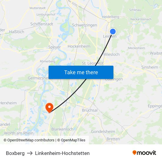 Boxberg to Linkenheim-Hochstetten map