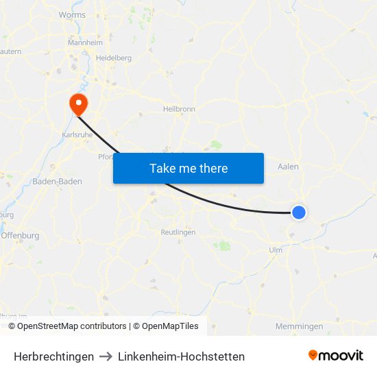 Herbrechtingen to Linkenheim-Hochstetten map