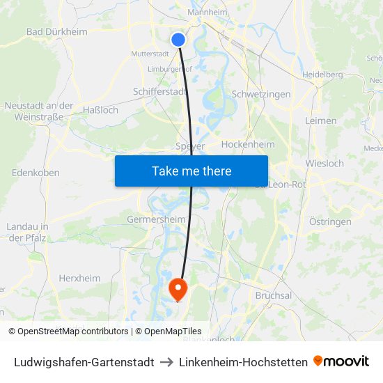 Ludwigshafen-Gartenstadt to Linkenheim-Hochstetten map