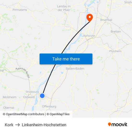 Kork to Linkenheim-Hochstetten map