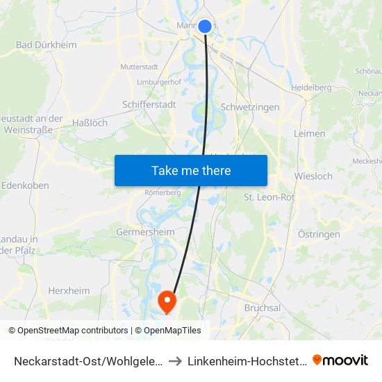 Neckarstadt-Ost/Wohlgelegen to Linkenheim-Hochstetten map